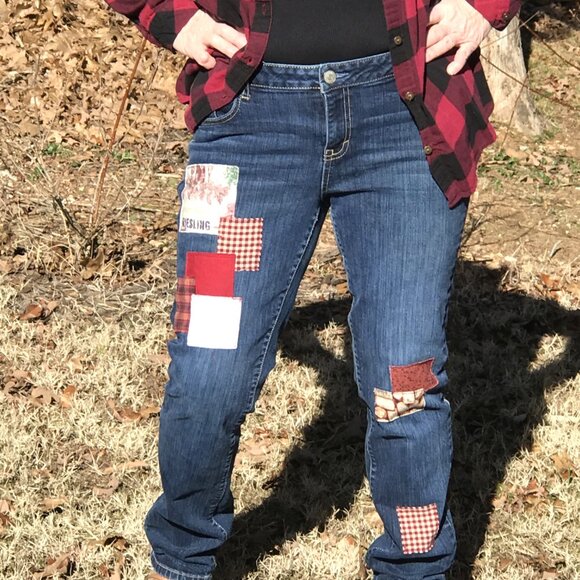 Upcycled Patched Jeans, 14 Junior: Handmade Patchwork Wine Theme Hippie Pants - Picture 9 of 11